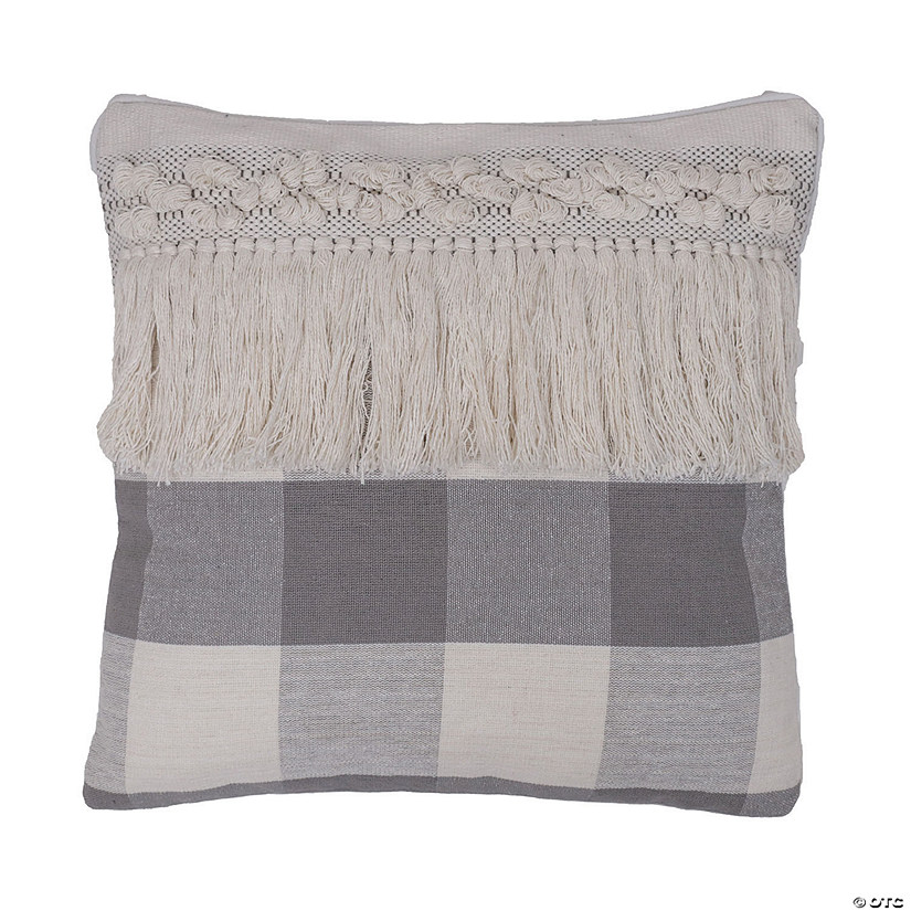 Vickerman 18" x 18" Grey Plaid with Fringe Cotton Pillow Image