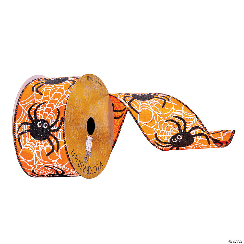 Vickerman 2.5" x 10 Yards Orange and Black Glitter Spider Ribbon Image