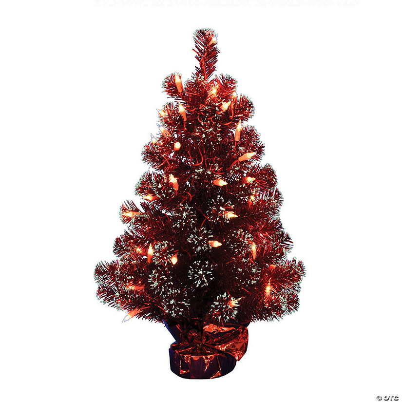 Vickerman 2' x 16" Dark Red Tinsel Tree with Clear Lights Image