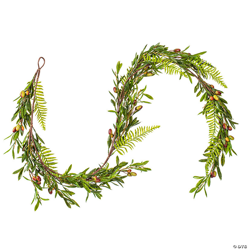 Vickerman 22" Artificial Green Olive Garland. Features green foliage with dark orange olives. Image