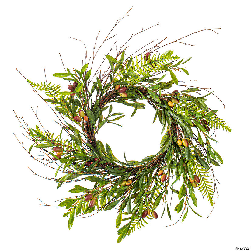 Vickerman 22" Artificial Green Olive Wreath. Features green foliage with dark orange olives. Image