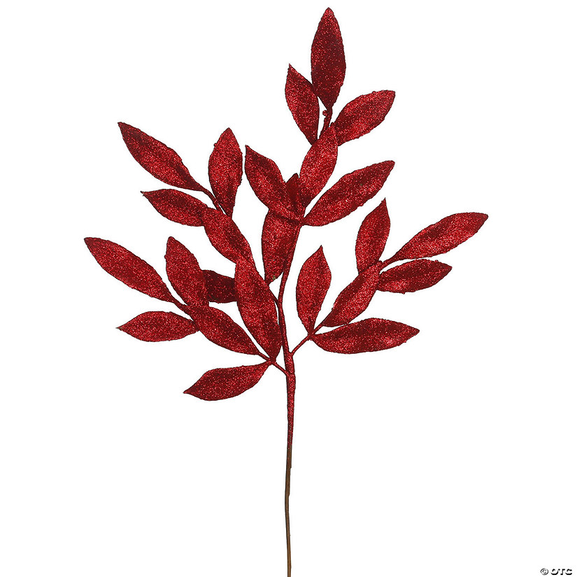 Vickerman 22" Red Glitter BayLeaf Artificial Spray. Includes 12 sprays per pack. Image