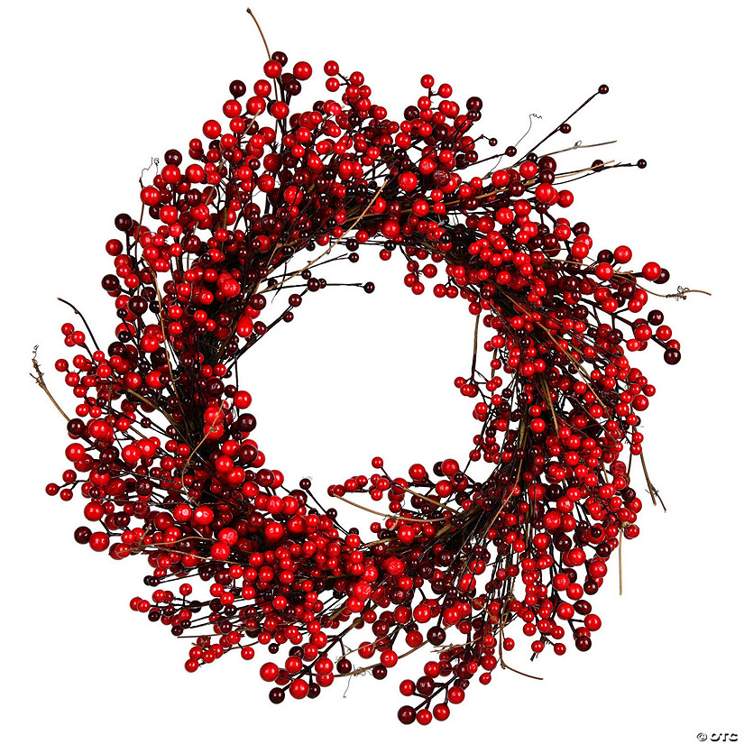 Vickerman 24" Artificial Red Berry Wreath. Incorporate a pop of color into your holiday decorating projects with red berries. This wreath is indoor and outdoor safe. Image