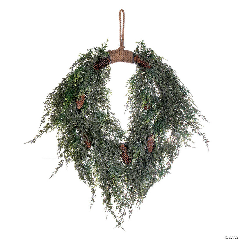 Vickerman 24" Artificial Snow Cedar Hanging Wreath with Pinecones. Image