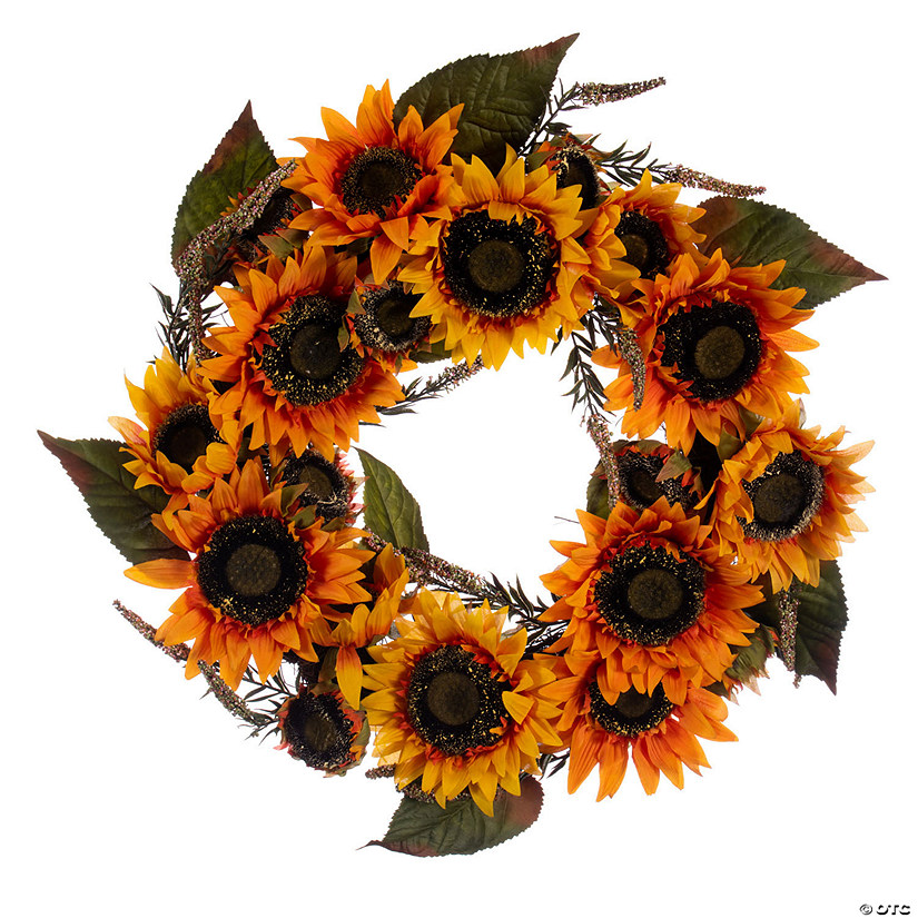 Vickerman 24" Artificial Yellow Sunflower Wreath with Green Fern Foliage. Image