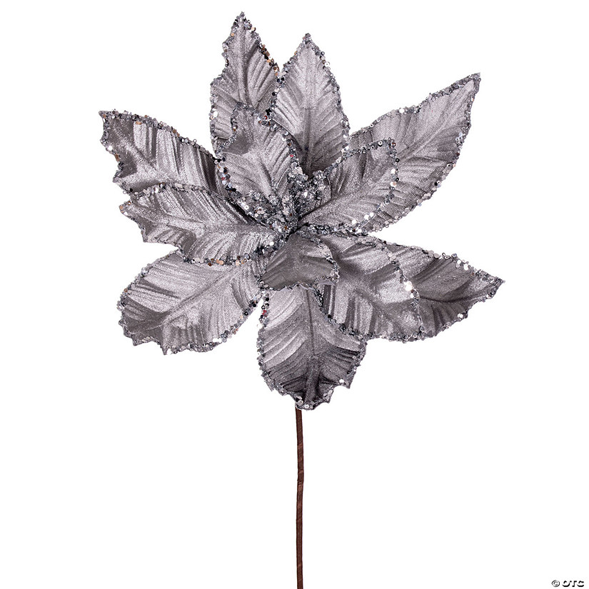 Vickerman 24" Silver Velvet Sequin Trim Poinsettia, 3 per bag. Image