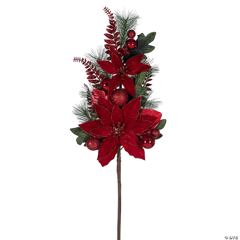 Vickerman 28" Merry Red Poinsettia, Ball, and Fern Decorated Spray. Image
