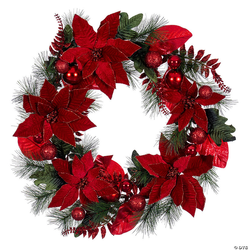 Vickerman 28" Merry Red Poinsettia, Ball, and Fern Decorated Wreath. Image