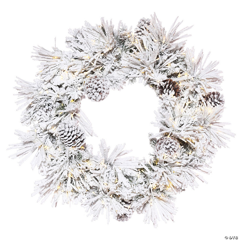 Vickerman 30" Flocked Atka Artificial Christmas Wreath, Warm White Wide Angle 3mm Low Voltage LED lights. Image