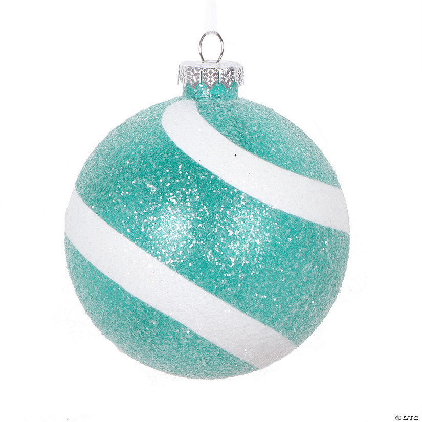 Vickerman 4" Teal and White Swirl Sugar Glitter Ball Ornament, 4 per bag. Image
