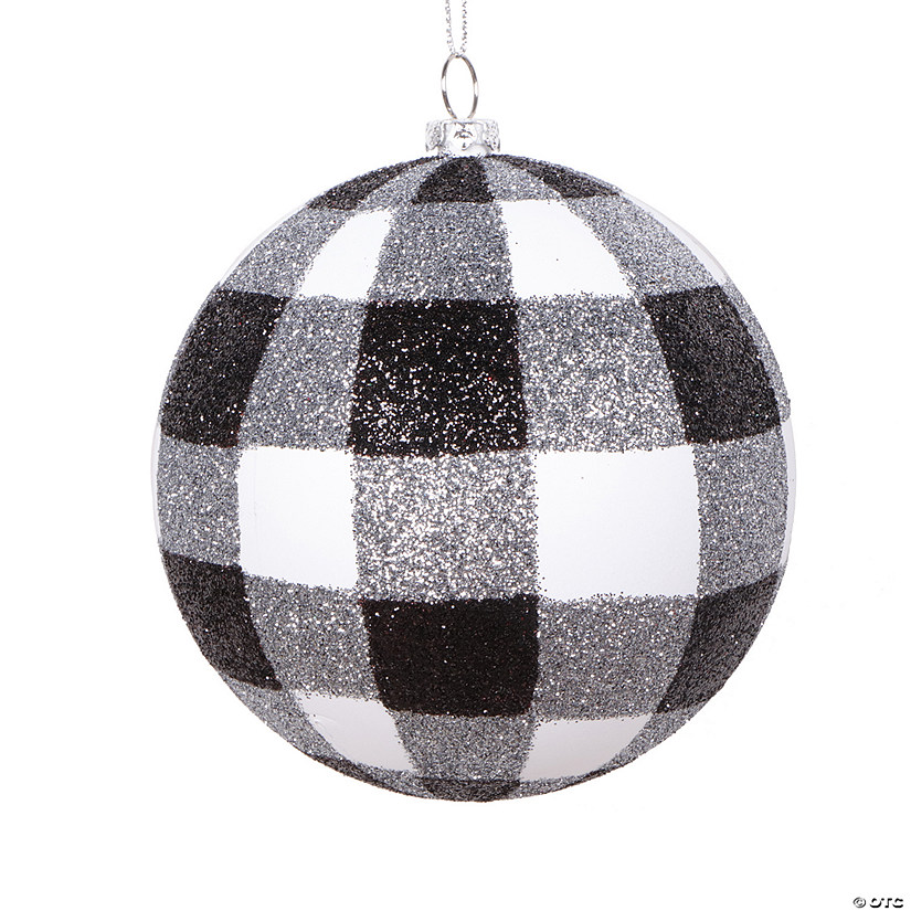 Vickerman 4" White Black Plaid Glitter Ball Ornament, 3 per bag. Image