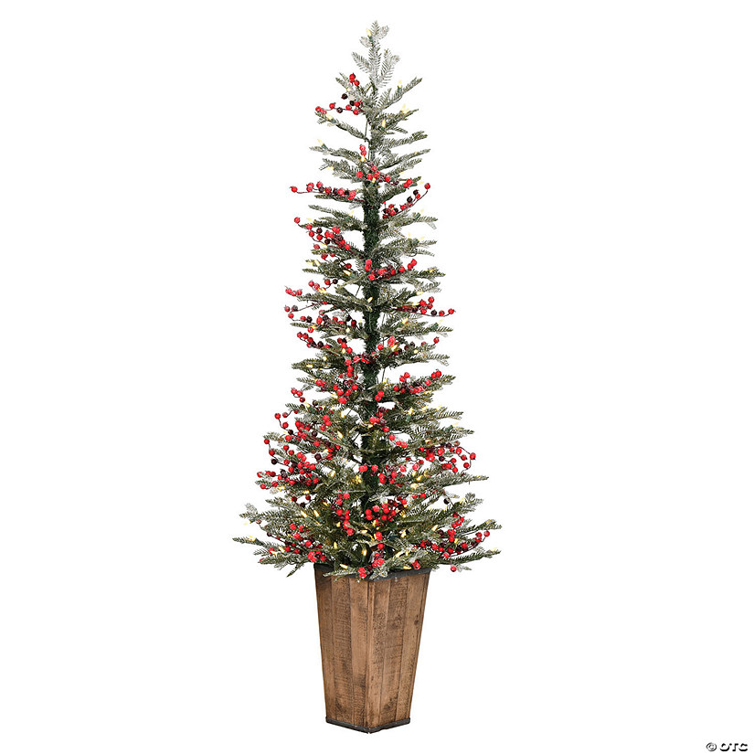 Vickerman 5.5' Frosted Berry Potted Pine Artificial Christmas Tree, Warm White Dura-lit LED Lights Image