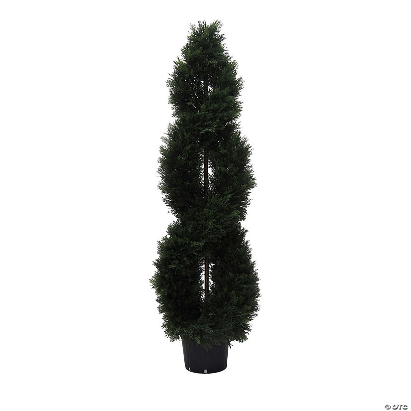 Vickerman 5' Artificial Green Cedar Double Spiral Topiary, Black Plastic Pot Image