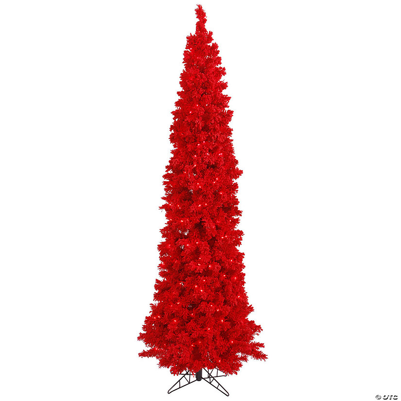 Vickerman 6.5' Flocked Red Pencil Fir Artificial Christmas Tree, Red Dura-lit LED Lights Image