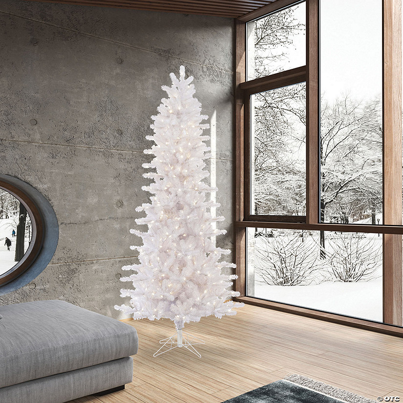 Vickerman 7.5' Crystal White Pine Slim Artificial Christmas Tree, Warm White LED Lights Image