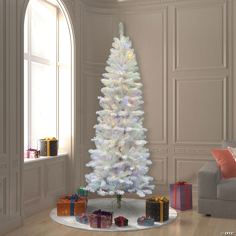 Vickerman 7.5' White Salem Pencil Pine Artificial Christmas Tree, Multi-Colored Dura-lit LED Lights Image
