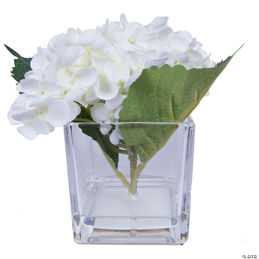 Vickerman 8" Artificial White Hydrangea in Glass Cube, 3 Piece Set