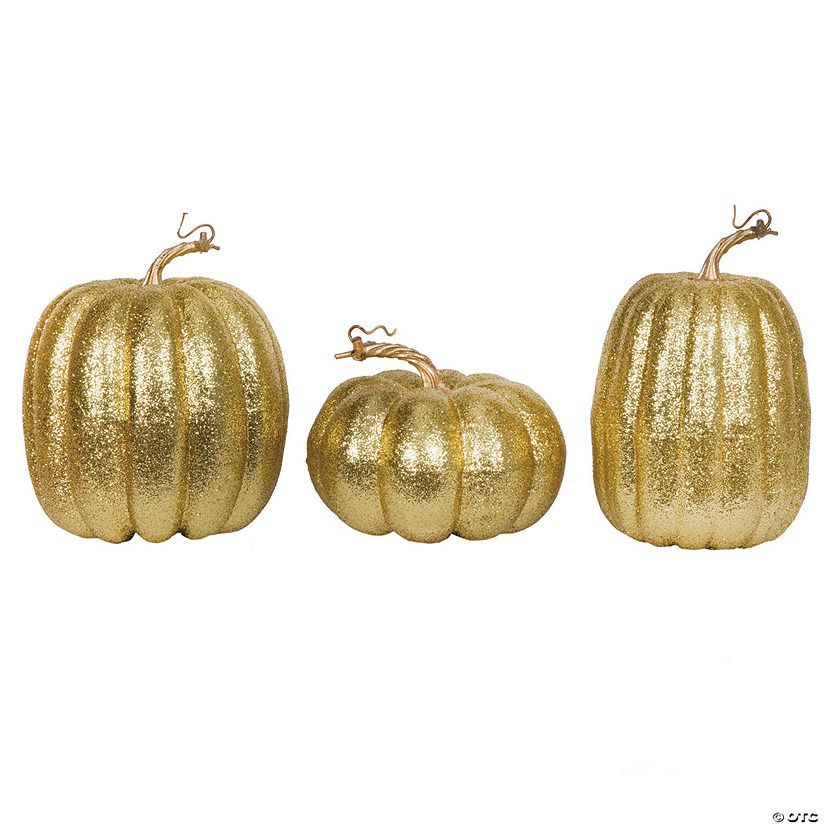 Vickerman 8" Gold Pumpkins Assorted Set of 3.  Image