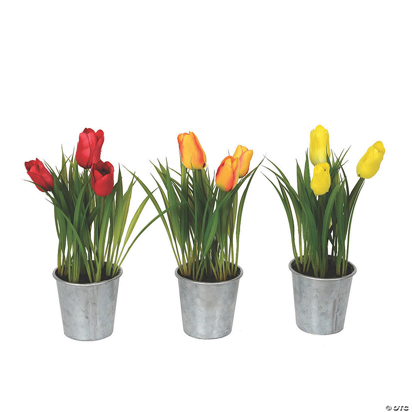 Vickerman 9.5" Artificial Assorted Set of Tulips in Metal Pot Image