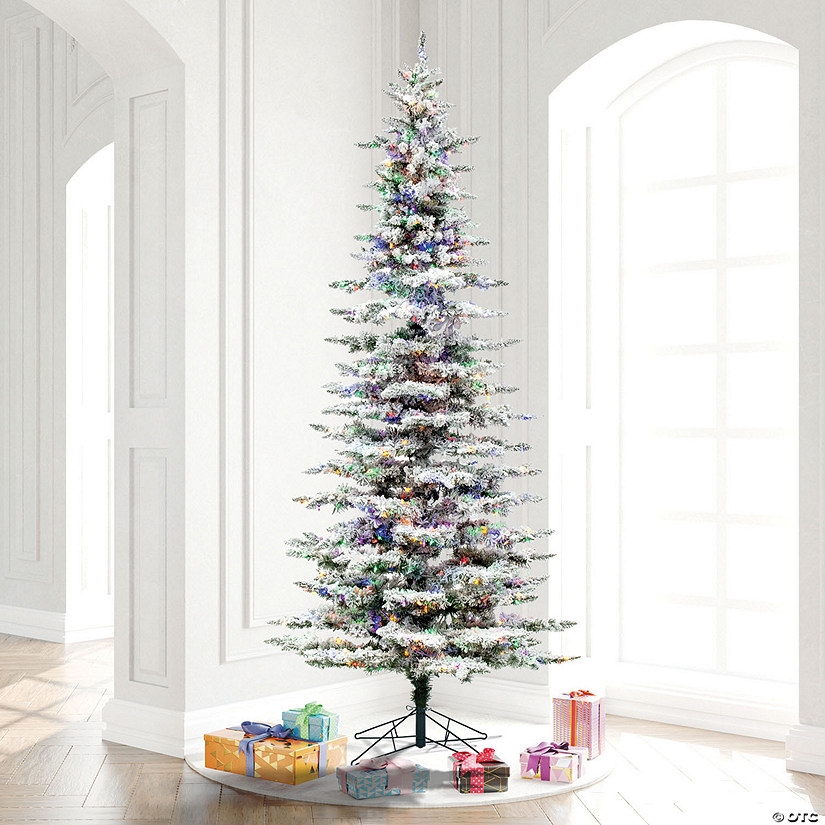 Vickerman 9' Flocked Utica Fir Slim Artificial Christmas Tree, Multi-Colored LED Lights Image