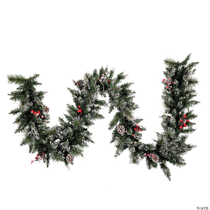 Vickerman 9' Snow Tipped Pine and Berry Artificial Christmas Garland, Warm White Dura-lit LED Mini Lights Image