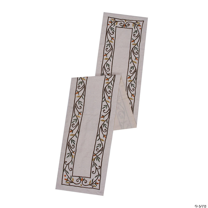 Vickerman Ecru Embroidered Leaf Border 14" x 90" Cotton Leaf Table Runner Image