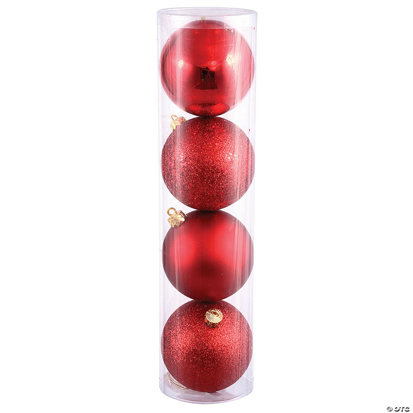 Vickerman Shatterproof 10" Large Red 4-Finish Ball Christmas Ornament, 4 per Bag Image