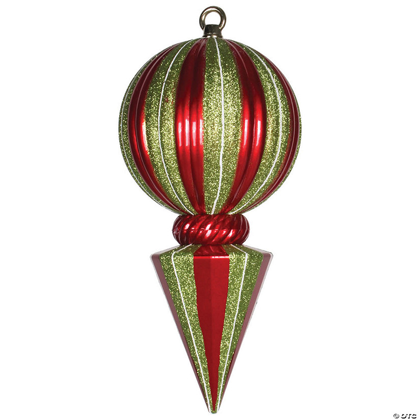 Vickerman Shatterproof 12" Large Red and Lime Striped Shiny Finial Christmas Ornament Image