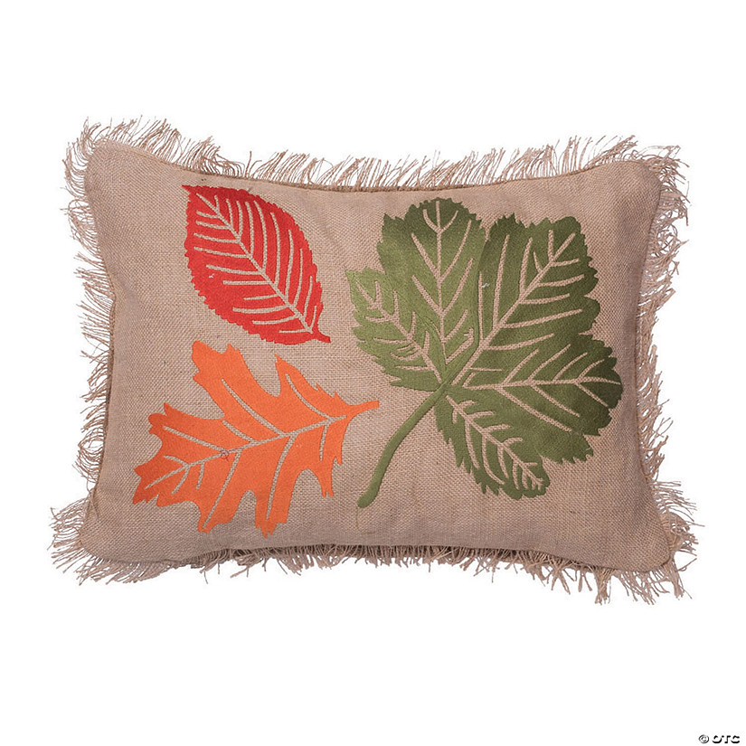 Vickerman Tan Burlap Leaf Embroidered 18" x 18" Throw Pillow Image