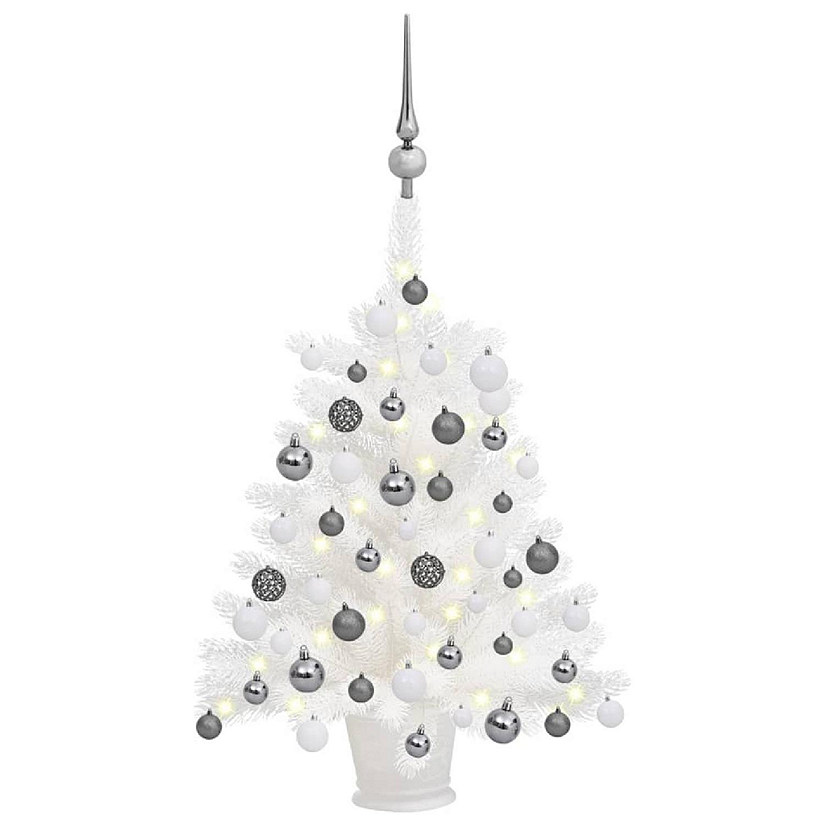 VidaXL 2' White Artificial Christmas Tree with LED Lights & 61pc White/Gray Ornament Set Image
