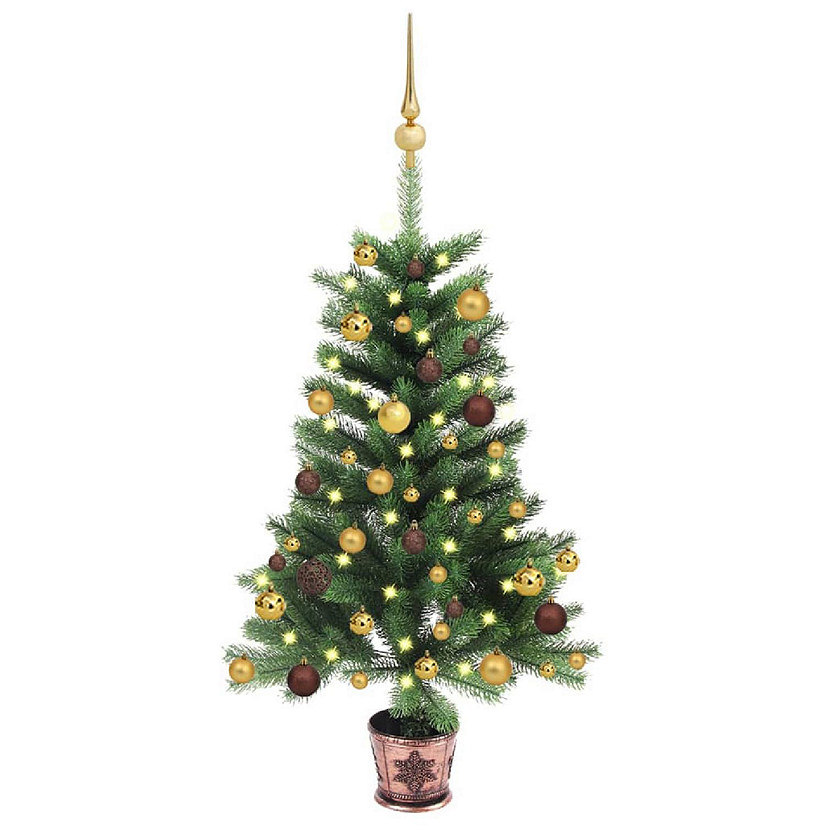 VidaXL 3' Green Artificial Christmas Tree with LED Lights & 61pc Gold/Bronze Ornament Set Image