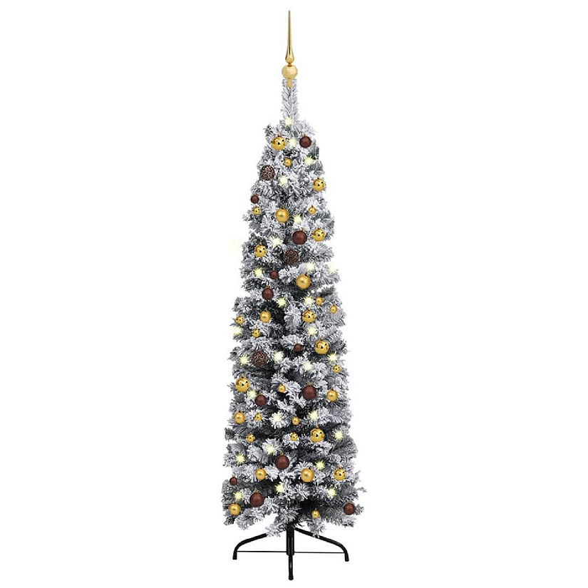 vidaXL 4' Green Slim Christmas Tree with LED Lights & 61pc Gold/Bronze ...
