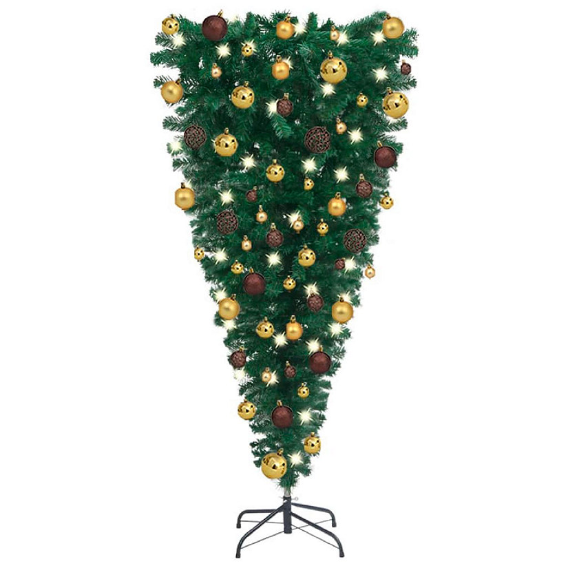 vidaXL 4' Green Upside-down Artificial Christmas Tree with LED Lights & 61pc Gold/Bronze Ornament Set Image