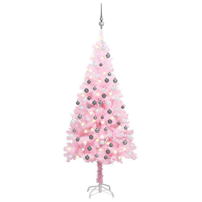 VidaXL 4' Pink Artificial Christmas Tree with LED Lights & White/Gray Ornament Set Image