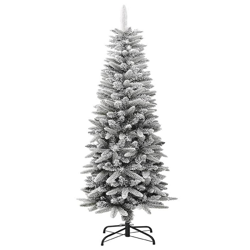 vidaXL 4' White/Green PVC/PE/Steel Artificial Slim Christmas Tree with Flocked Snow Image
