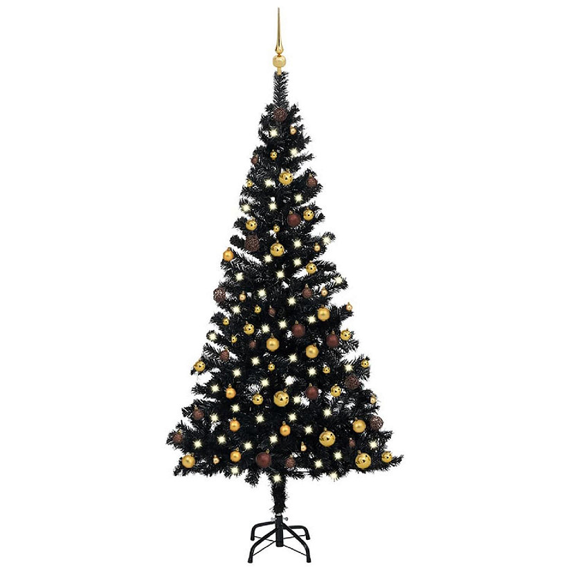 VidaXL 5' Black Artificial Christmas Tree with LED Lights & 61pc Gold/Bronze Ornament Set Image