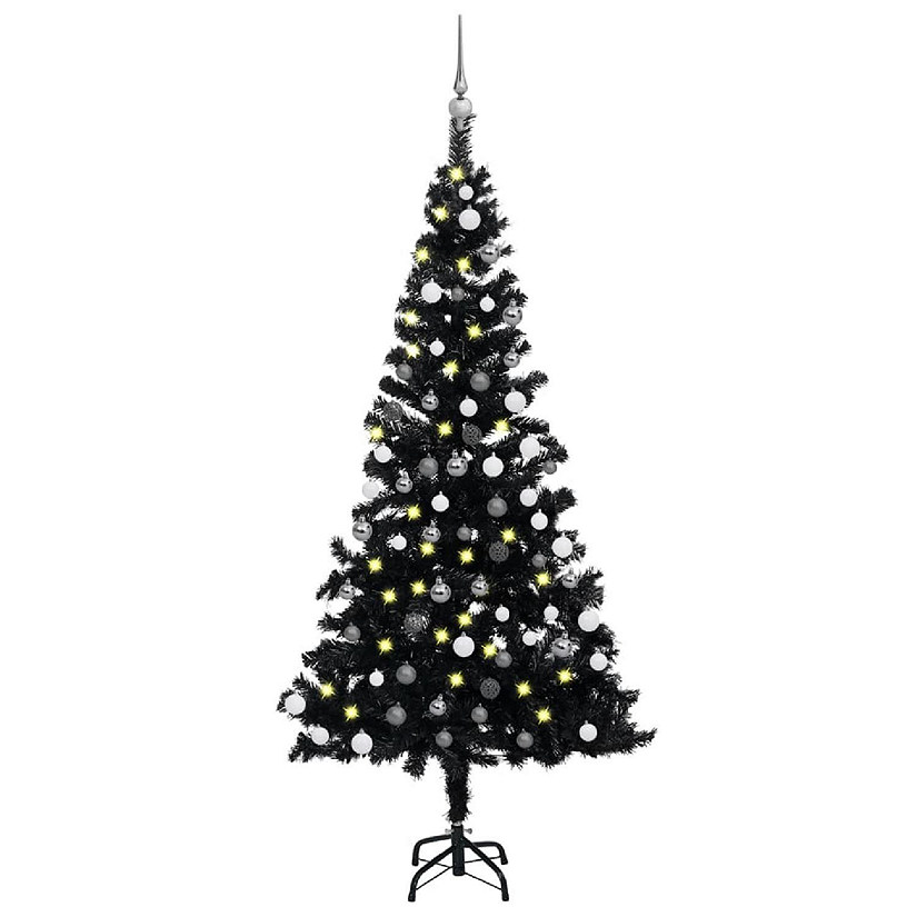 VidaXL 5' Black Artificial Christmas Tree with LED Lights & 61pc White/Gray Ornament Set Image