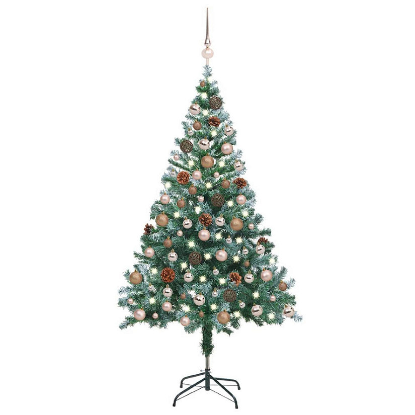 vidaXL 5' Frosted Christmas Tree with LED Lights & 61pc Gold Ornament Set Image