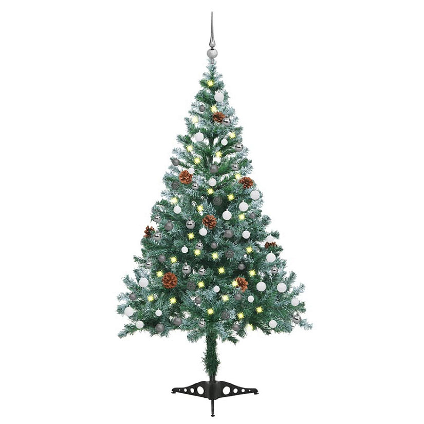 vidaXL 5' Frosted Christmas Tree with LED Lights & 61pc White/Gray ...