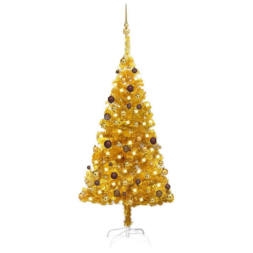 VidaXL 5' Gold Artificial Christmas Tree with LED Lights & 61pc Gold/Bronze Ornament Set Image