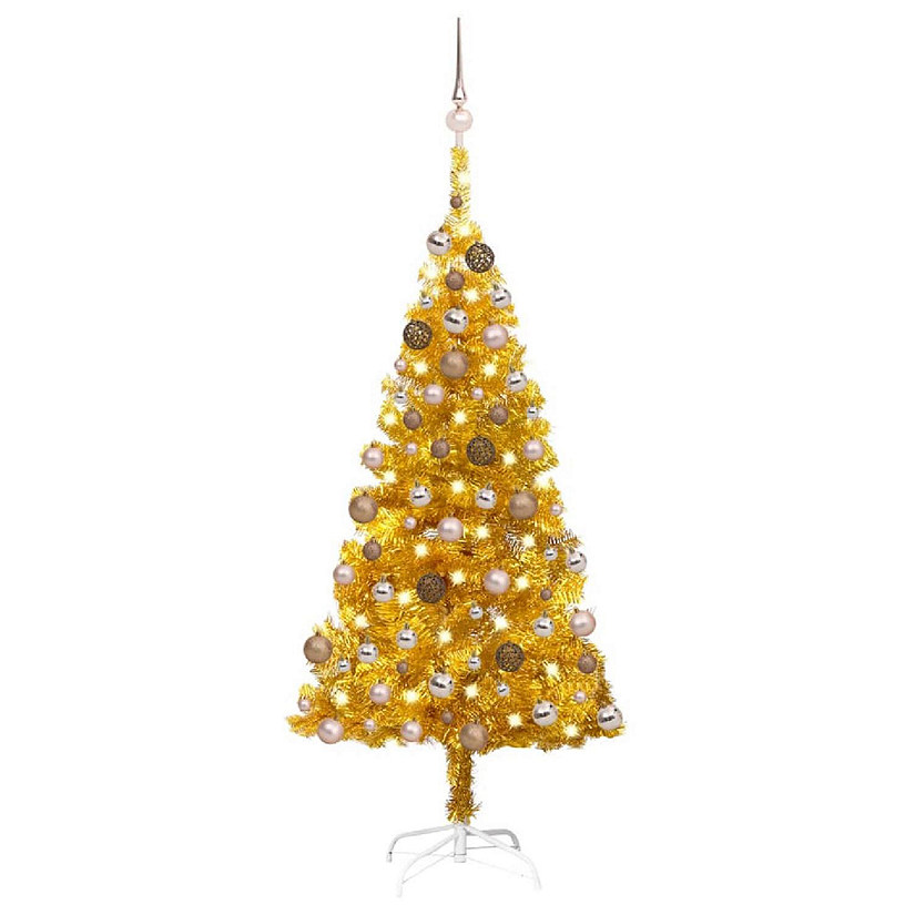 VidaXL 5' Gold Artificial Christmas Tree with LED Lights & 61pc Gold Ornament Set Image