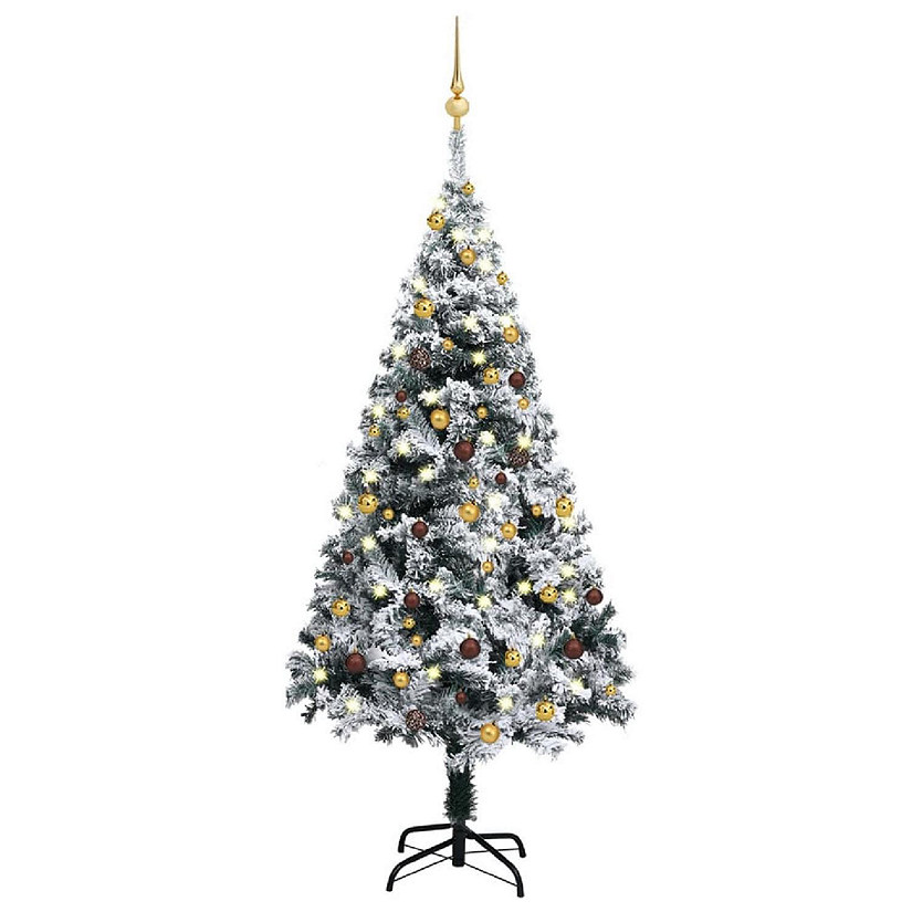 VidaXL 5' Green Artificial Christmas Tree with LED Lights & 61pc Gold/Bronze Ornament Set Image
