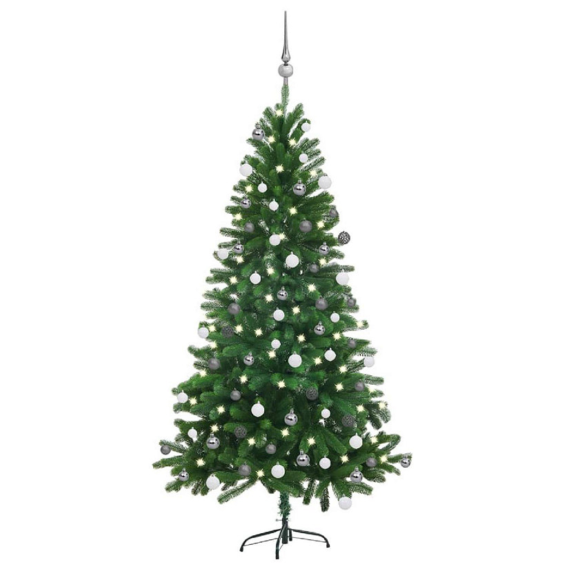 VidaXL 5' Green Artificial Christmas Tree with LED Lights & 61pc White/Gray Ornament & 500pc Branch Set Image