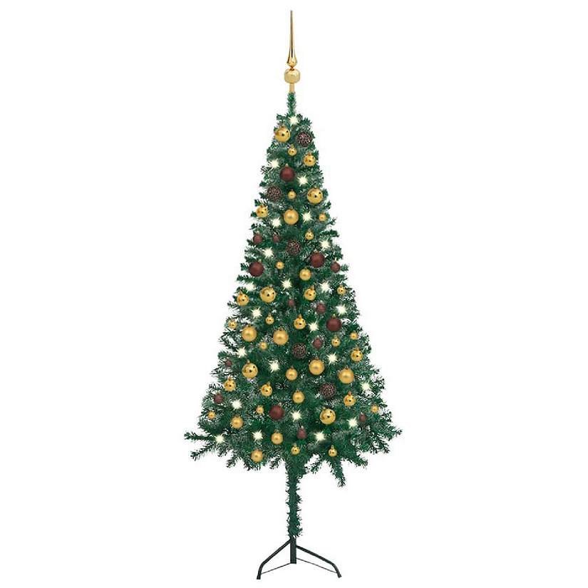 vidaXL 5' Green Corner Artificial Christmas Tree with LED Lights & 61pc Gold/Bronze Ornament Set Image