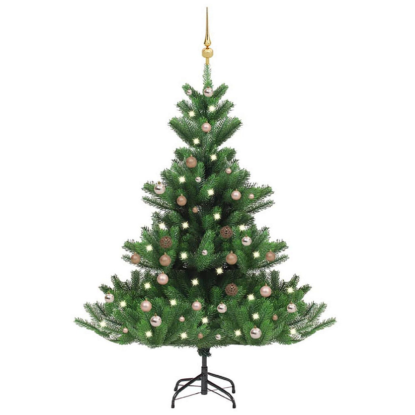 vidaXL 5' Green Nordmann Fir Artificial Christmas Tree with LED Lights & 61pc Gold Ornament Set Image