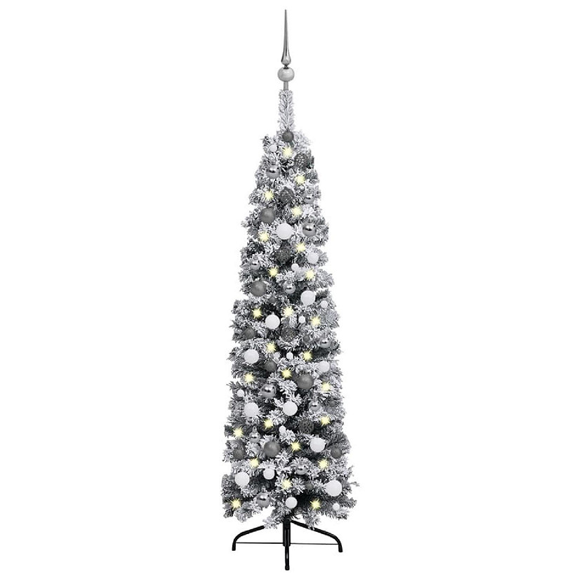 vidaXL 5' Green Slim Artificial Christmas Tree with 150pc LED Lights & 61pc White/Gray Ornament Set Image