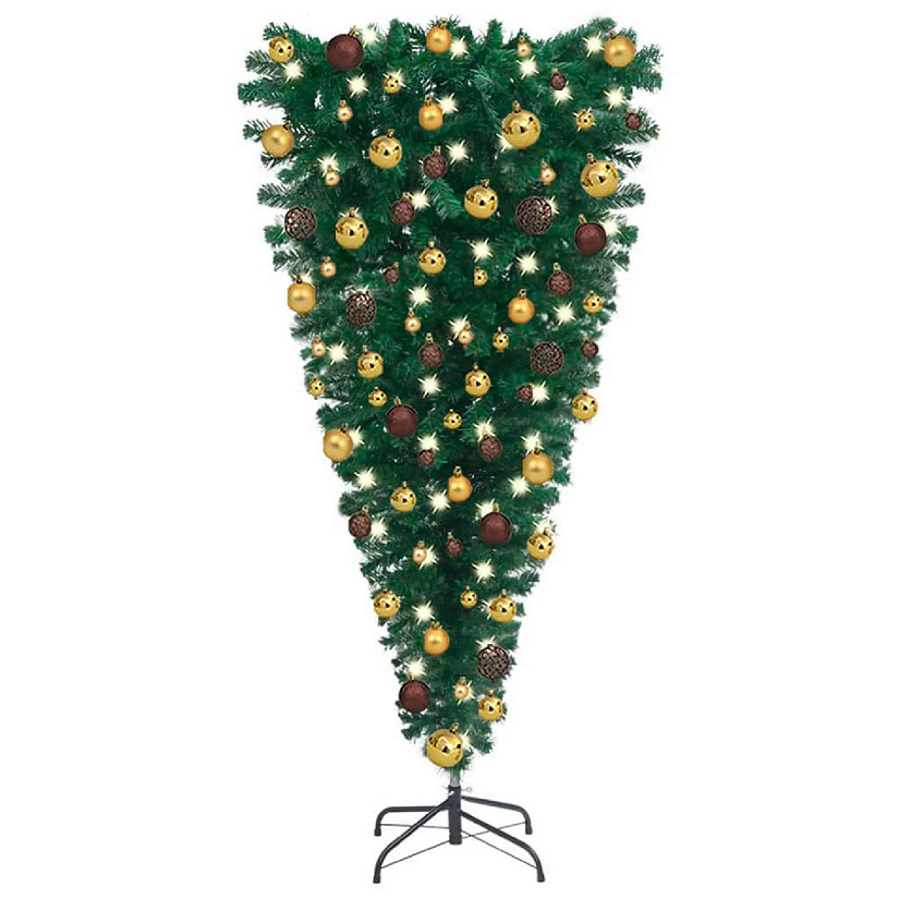 vidaXL 5' Green Upside-down Artificial Christmas Tree with LED Lights & 61pc Gold/Bronze Ornament Set Image