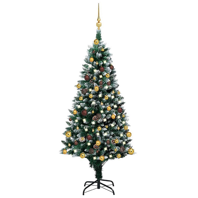 VidaXL 5' Green/White Artificial Christmas Tree with LED Lights & 61pc Gold/Bronze Ornament Set Image