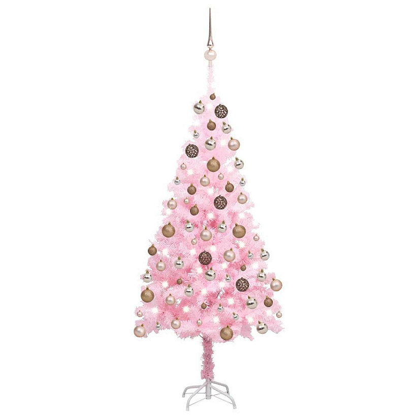 VidaXL 5' Pink Artificial Christmas Tree with LED Lights & 61pc Gold Ornament Set Image