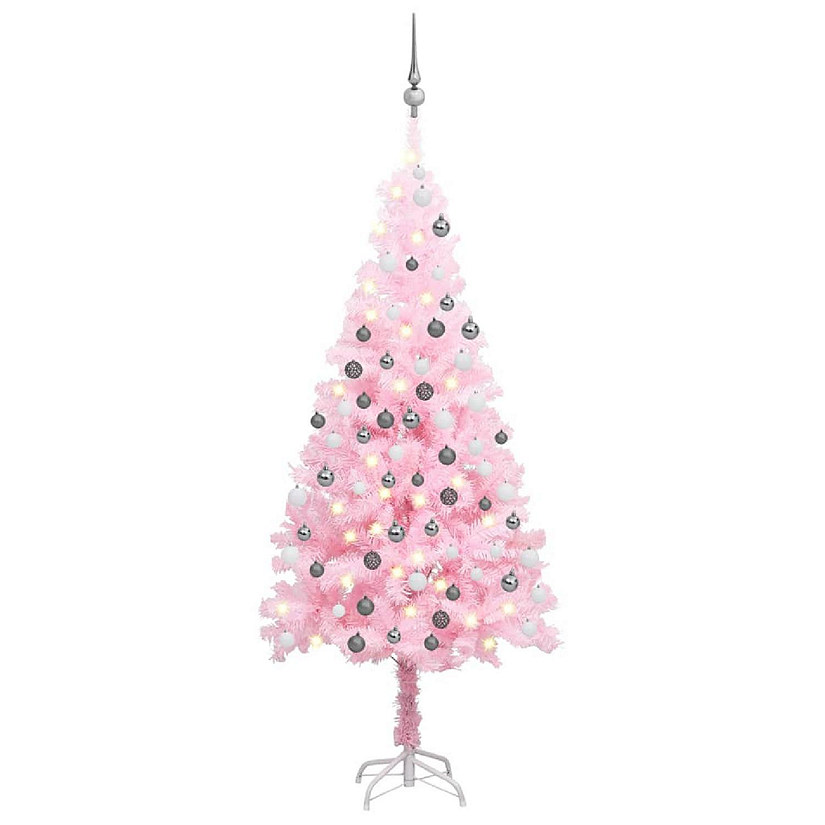 VidaXL 5' Pink Artificial Christmas Tree with LED Lights & 61pc White/Gray Ornament Set Image